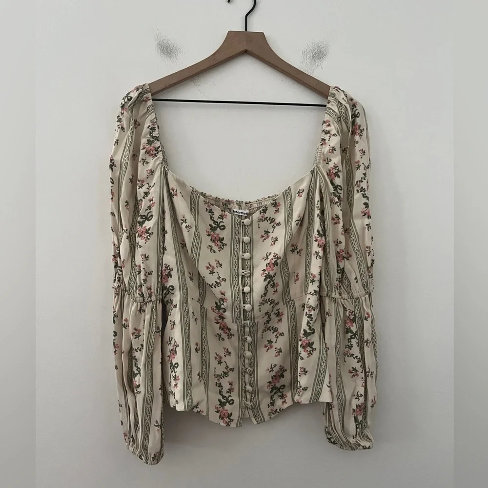 Reformation Cream Floral Peasant Blouse with Pink and Green Accents
